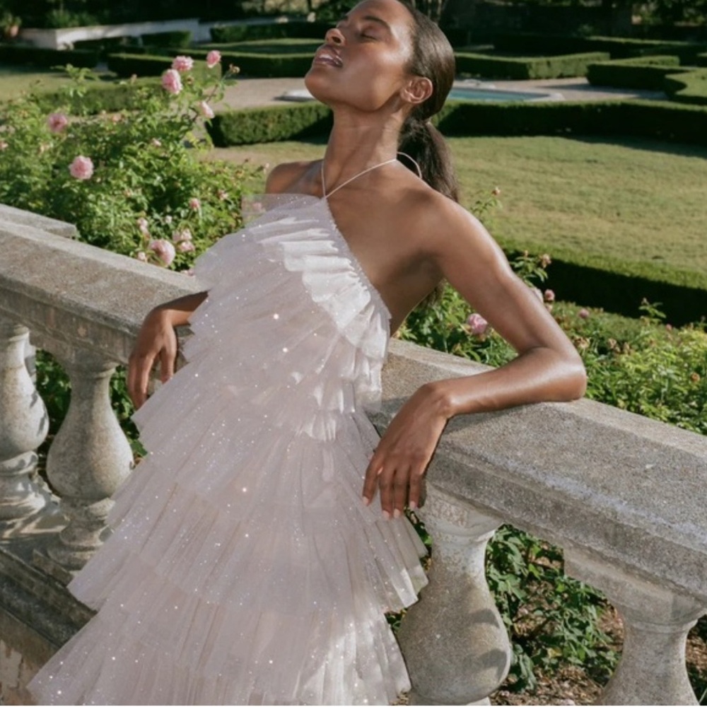 The Bar Pale Pink Asymmetrical Ruffled Tiered Dress
